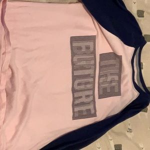 Pink and navy long-sleeved shirt with invincible wrighting